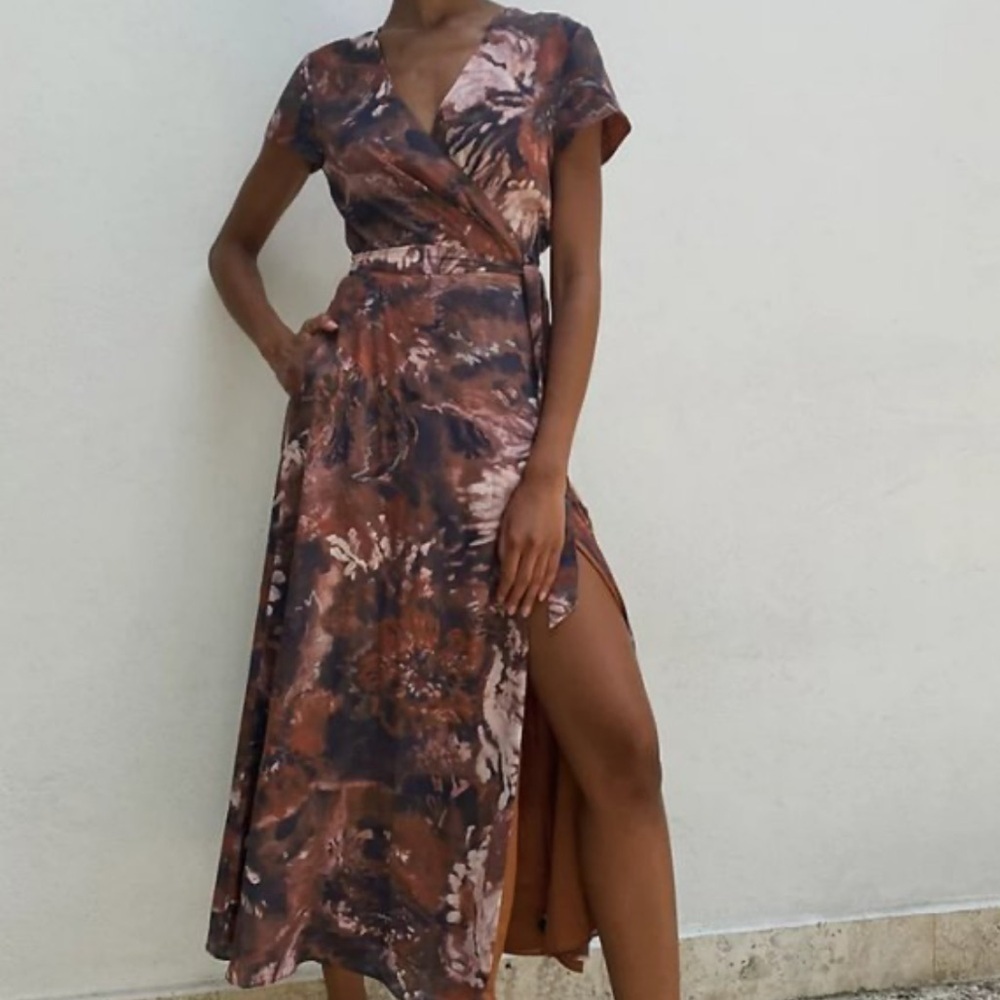 Babaton Brown Floral Wrap Tie Maxi Dress Size XS